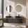 Meuble-lavabo double ARISA 160 cm, noir strié, avec 2 miroirs LED NOVA 60 cm et 2 vasques en céramique noires à poser de 42 cm