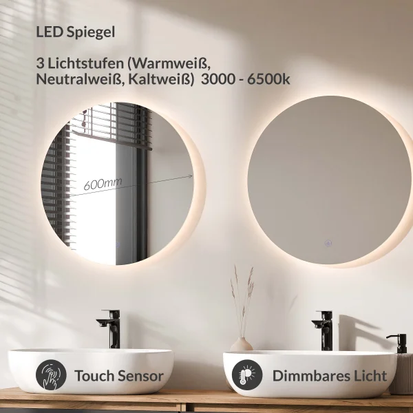 Meuble-lavabo double ARISA 160 cm, noir, avec 2 miroirs LED NOVA 60 cm et 2 vasques en céramique blanches à poser 60 cm