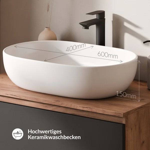 Meuble-lavabo double ARISA 160 cm, noir, avec 2 miroirs LED NOVA 60 cm et 2 vasques en céramique blanches à poser 60 cm