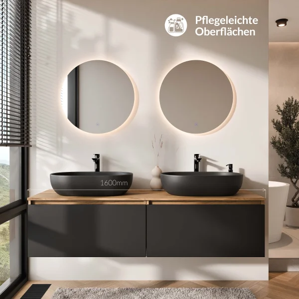 Mueble de lavabo doble ARISA de 160 cm en negro con 2 espejos LED NOVA de 60 cm y 2 lavabos sobre encimera de cerámica negros de 60 cm
