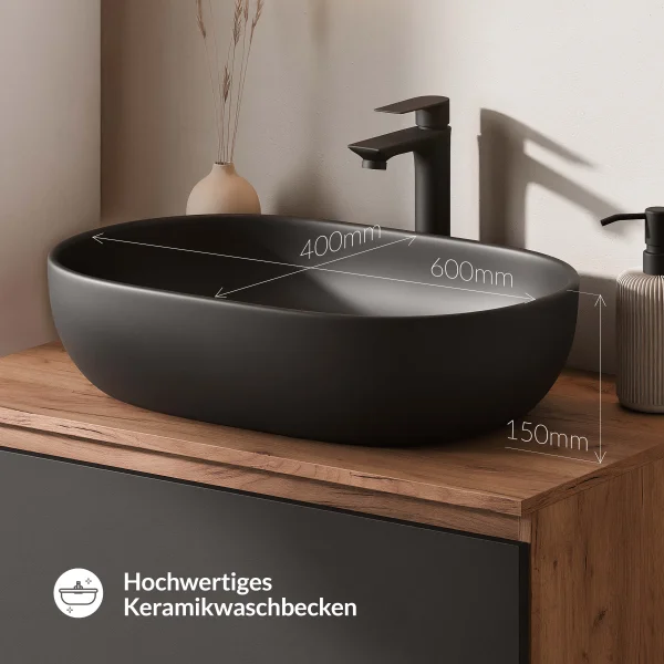 Mueble de lavabo doble ARISA de 160 cm en negro con 2 espejos LED NOVA de 60 cm y 2 lavabos sobre encimera de cerámica negros de 60 cm