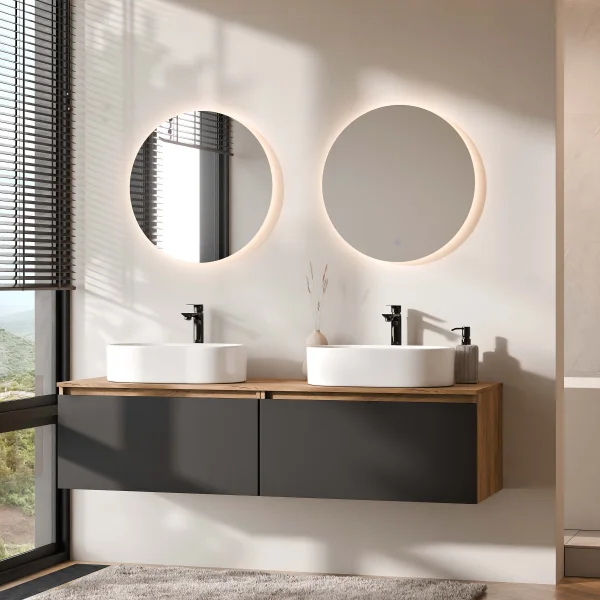 Meuble-lavabo double ARISA 160 cm, noir, avec 2 miroirs à LED NOVA 60 cm et 2 vasques en céramique blanches à poser 55 cm