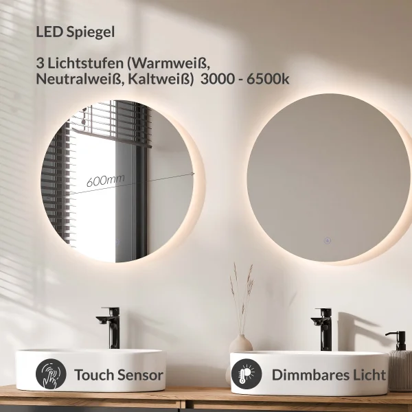 Meuble-lavabo double ARISA 160 cm, noir, avec 2 miroirs à LED NOVA 60 cm et 2 vasques en céramique blanches à poser 55 cm