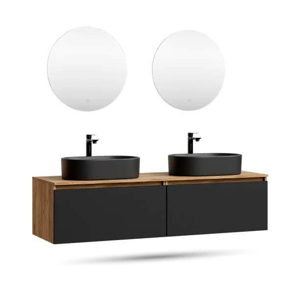 Meuble-lavabo double ARISA 160 cm, noir, avec 2 miroirs LED NOVA 60 cm et 2 vasques en céramique noires à poser 55 cm