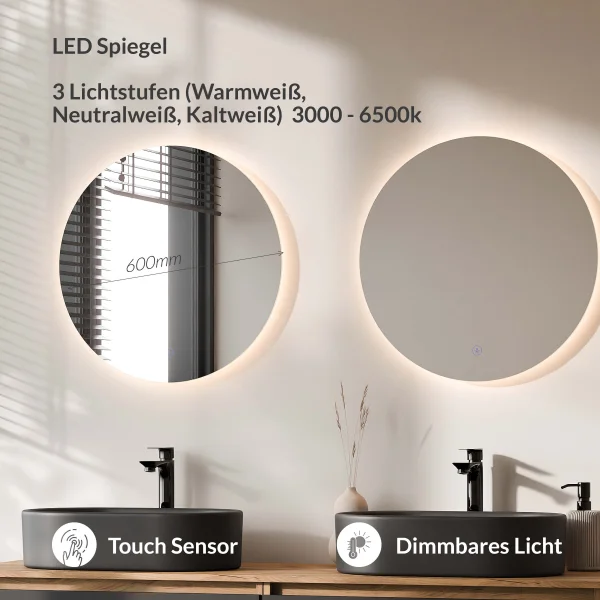 Meuble-lavabo double ARISA 160 cm, noir, avec 2 miroirs LED NOVA 60 cm et 2 vasques en céramique noires à poser 55 cm