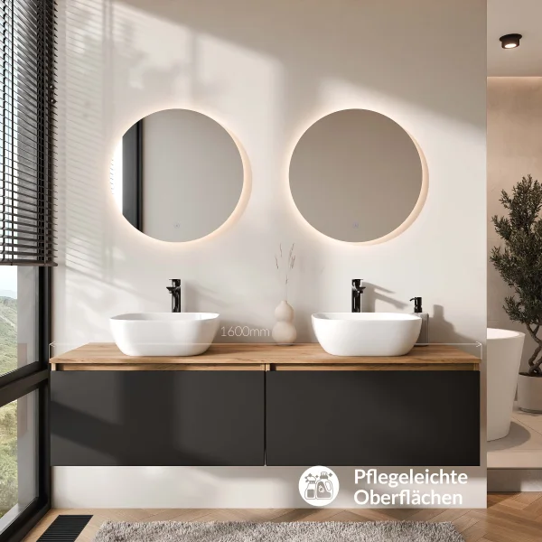 Meuble-lavabo double ARISA 160 cm, noir, avec 2 miroirs à LED NOVA 60 cm et 2 vasques en céramique blanches à poser 42 cm