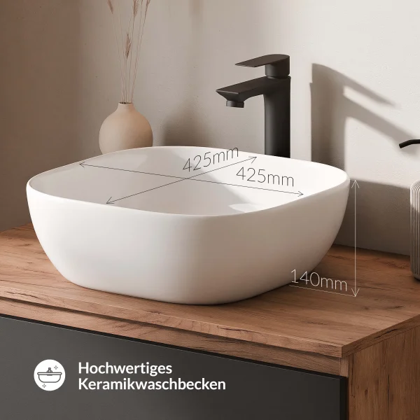 Meuble-lavabo double ARISA 160 cm, noir, avec 2 miroirs à LED NOVA 60 cm et 2 vasques en céramique blanches à poser 42 cm