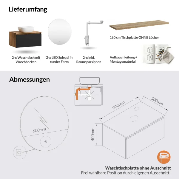 Meuble-lavabo double ARISA 160 cm, noir, avec 2 miroirs à LED NOVA 60 cm et 2 vasques en céramique blanches à poser 42 cm