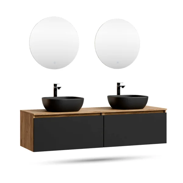 Meuble-lavabo double ARISA 160 cm, noir, avec 2 miroirs à LED NOVA 60 cm et 2 vasques en céramique noires à poser 42 cm