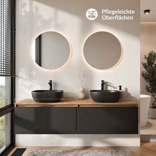 Meuble-lavabo double ARISA 160 cm, noir, avec 2 miroirs à LED NOVA 60 cm et 2 vasques en céramique noires à poser 42 cm