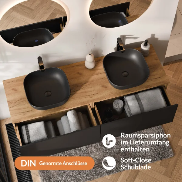 Meuble-lavabo double ARISA 160 cm, noir, avec 2 miroirs à LED NOVA 60 cm et 2 vasques en céramique noires à poser 42 cm