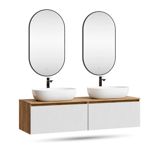 ARISA Double Vanity Unit, 160 cm, in White Ribbed, with 2 GLORA LED Mirrors and 2 White Ceramic Countertop Sinks, 60 cm