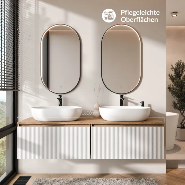 ARISA Double Vanity Unit, 160 cm, in White Ribbed, with 2 GLORA LED Mirrors and 2 White Ceramic Countertop Sinks, 60 cm