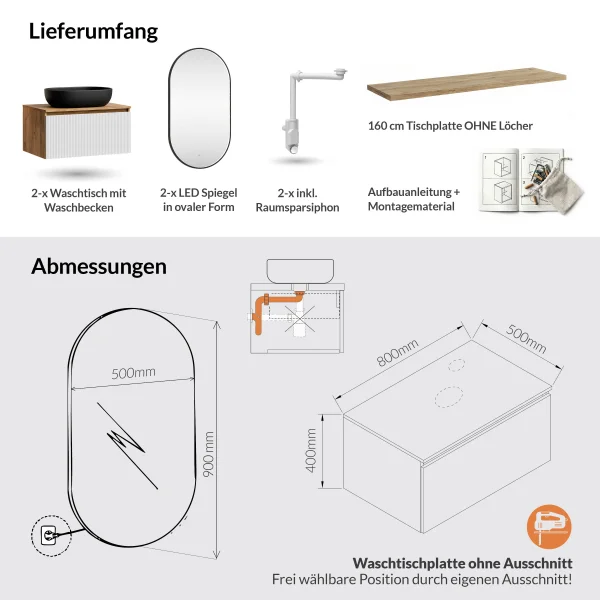 ARISA Double Vanity Unit, 160 cm, in White Ribbed, with 2 GLORA LED Mirrors and 2 Black Ceramic Countertop Sinks, 60 cm