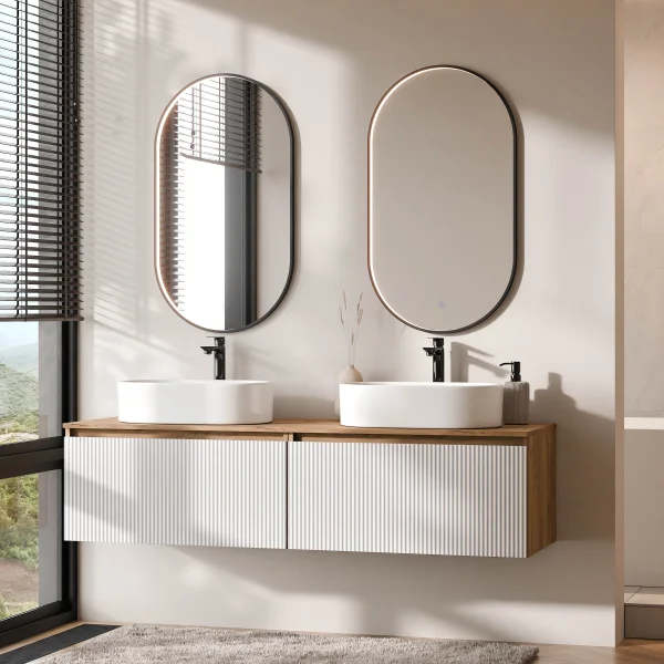 ARISA Double Vanity Unit, 160 cm, in White Ribbed, with 2 GLORA LED Mirrors and 2 White Ceramic Countertop Sinks, 55 cm