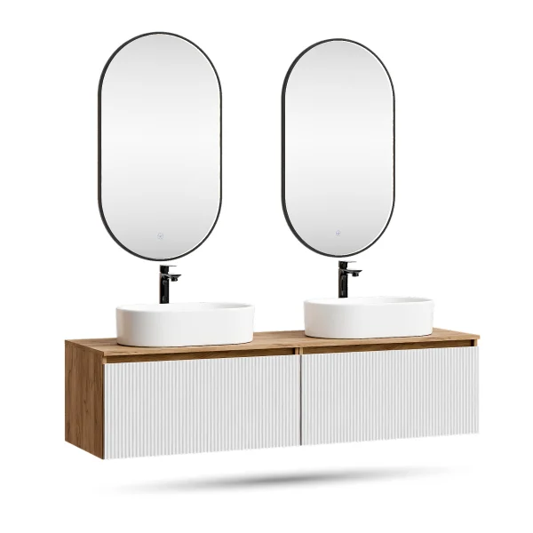ARISA Double Vanity Unit, 160 cm, in White Ribbed, with 2 GLORA LED Mirrors and 2 White Ceramic Countertop Sinks, 55 cm