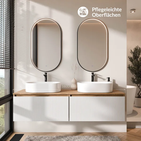 ARISA Double Vanity Unit, 160 cm, in White Ribbed, with 2 GLORA LED Mirrors and 2 White Ceramic Countertop Sinks, 55 cm