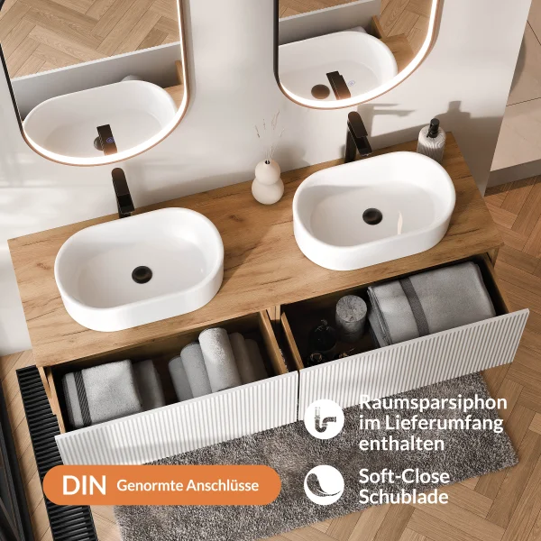 ARISA Double Vanity Unit, 160 cm, in White Ribbed, with 2 GLORA LED Mirrors and 2 White Ceramic Countertop Sinks, 55 cm