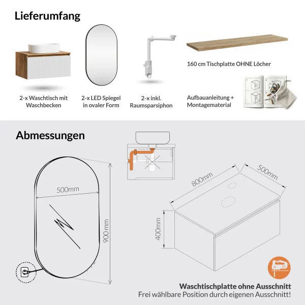 ARISA Double Vanity Unit, 160 cm, in White Ribbed, with 2 GLORA LED Mirrors and 2 White Ceramic Countertop Sinks, 55 cm