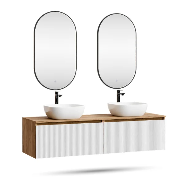 ARISA Double Vanity Unit, 160 cm, in White Ribbed, with 2 GLORA LED Mirrors and 2 White Ceramic Countertop Sinks, 42 cm