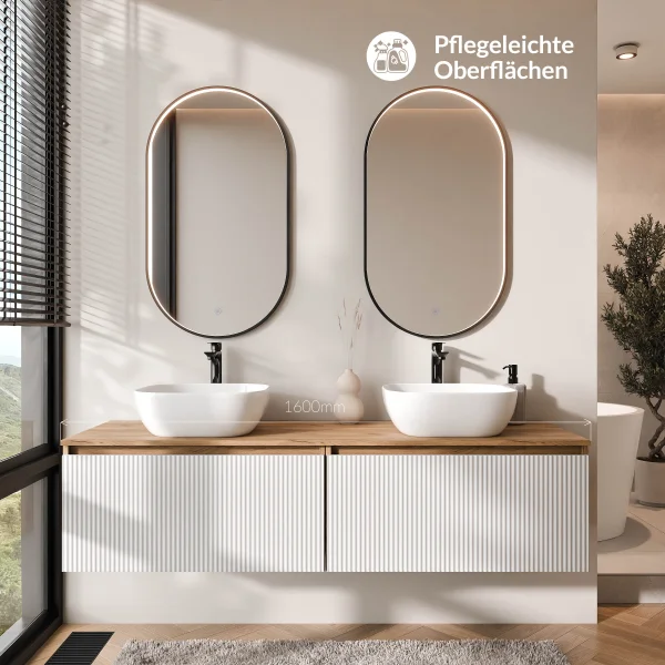 ARISA Double Vanity Unit, 160 cm, in White Ribbed, with 2 GLORA LED Mirrors and 2 White Ceramic Countertop Sinks, 42 cm