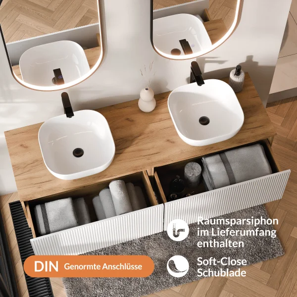 ARISA Double Vanity Unit, 160 cm, in White Ribbed, with 2 GLORA LED Mirrors and 2 White Ceramic Countertop Sinks, 42 cm