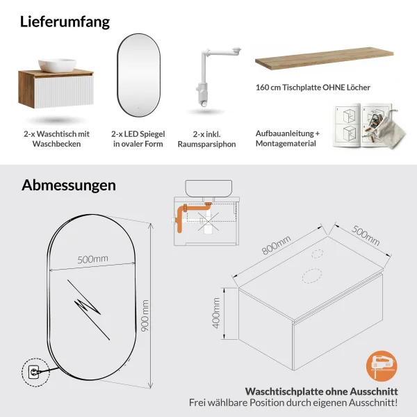 ARISA Double Vanity Unit, 160 cm, in White Ribbed, with 2 GLORA LED Mirrors and 2 White Ceramic Countertop Sinks, 42 cm