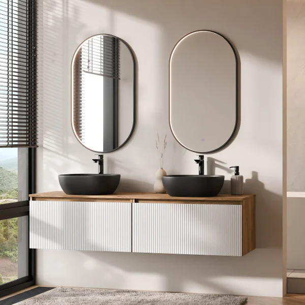 ARISA Double Vanity Unit, 160 cm, in White Ribbed, with 2 GLORA LED Mirrors and 2 Black Ceramic Countertop Sinks, 42 cm