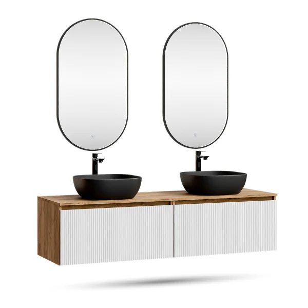 ARISA Double Vanity Unit, 160 cm, in White Ribbed, with 2 GLORA LED Mirrors and 2 Black Ceramic Countertop Sinks, 42 cm
