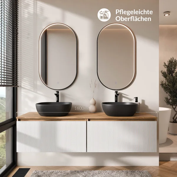 ARISA Double Vanity Unit, 160 cm, in White Ribbed, with 2 GLORA LED Mirrors and 2 Black Ceramic Countertop Sinks, 42 cm