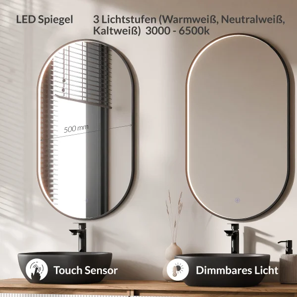 ARISA Double Vanity Unit, 160 cm, in White Ribbed, with 2 GLORA LED Mirrors and 2 Black Ceramic Countertop Sinks, 42 cm