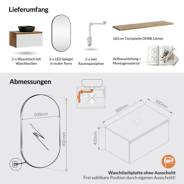 ARISA Double Vanity Unit, 160 cm, in White Ribbed, with 2 GLORA LED Mirrors and 2 Black Ceramic Countertop Sinks, 42 cm