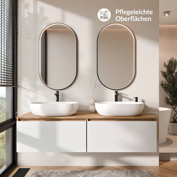 Mueble de lavabo doble ARISA de 160 cm en blanco con 2 espejos LED GLORA y 2 lavabos sobre encimera de cerámica blanca de 60 cm