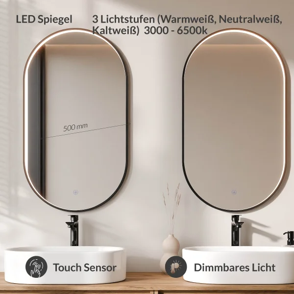 ARISA Doppelwaschtisch 160 cm in Weiß mit 2 LED Spiegel GLORA und 2 weißen Keramik-Aufsatzwaschbecken 55 cm