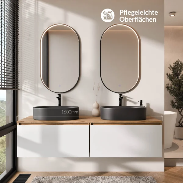 ARISA Double Vanity Unit, 160 cm, in White, with 2 GLORA LED Mirrors and 2 Black Ceramic Countertop Sinks, 55 cm