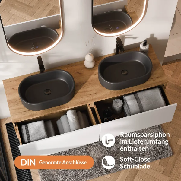 ARISA Double Vanity Unit, 160 cm, in White, with 2 GLORA LED Mirrors and 2 Black Ceramic Countertop Sinks, 55 cm