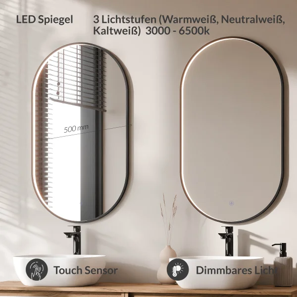 ARISA Doppelwaschtisch 160 cm in Weiß mit 2 LED Spiegel GLORA und 2 weißen Keramik-Aufsatzwaschbecken 42 cm