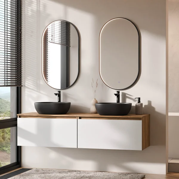 ARISA Double Vanity Unit, 160 cm, in White, with 2 GLORA LED Mirrors and 2 Black Ceramic Countertop Sinks, 42 cm