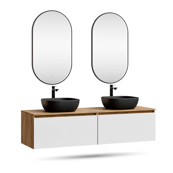 ARISA Double Vanity Unit, 160 cm, in White, with 2 GLORA LED Mirrors and 2 Black Ceramic Countertop Sinks, 42 cm