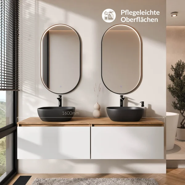 ARISA Double Vanity Unit, 160 cm, in White, with 2 GLORA LED Mirrors and 2 Black Ceramic Countertop Sinks, 42 cm