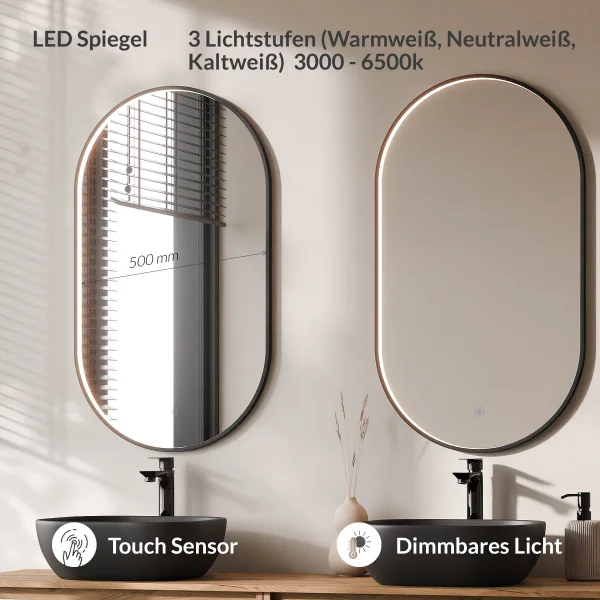 ARISA Double Vanity Unit, 160 cm, in White, with 2 GLORA LED Mirrors and 2 Black Ceramic Countertop Sinks, 42 cm