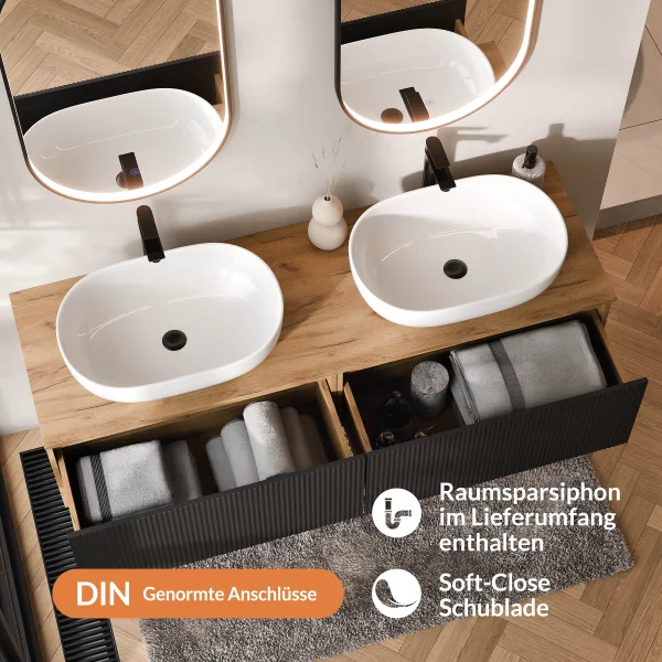 ARISA Double Vanity Unit, 160 cm, in Black Ribbed, with 2 GLORA LED Mirrors and 2 White Ceramic Countertop Sinks, 60 cm