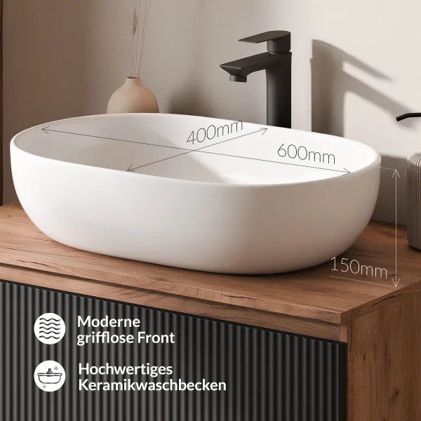 ARISA Double Vanity Unit, 160 cm, in Black Ribbed, with 2 GLORA LED Mirrors and 2 White Ceramic Countertop Sinks, 60 cm