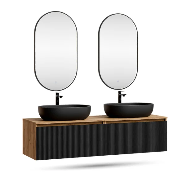 ARISA Double Vanity Unit, 160 cm, in Black Ribbed, with 2 GLORA LED Mirrors and 2 Black Ceramic Countertop Sinks, 60 cm