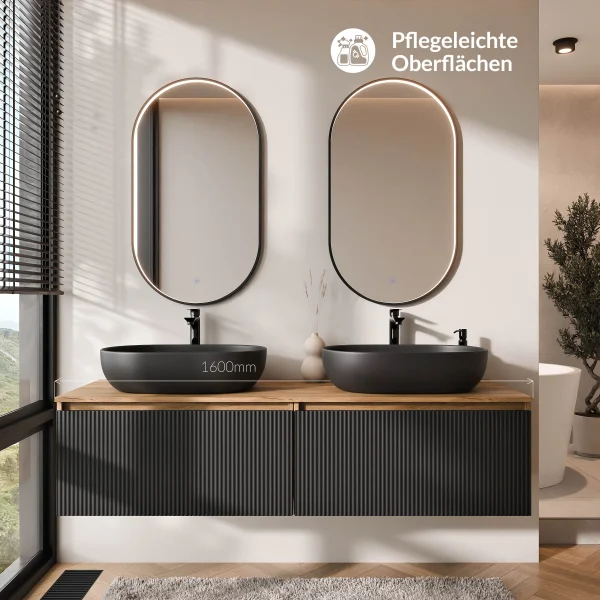 ARISA Double Vanity Unit, 160 cm, in Black Ribbed, with 2 GLORA LED Mirrors and 2 Black Ceramic Countertop Sinks, 60 cm