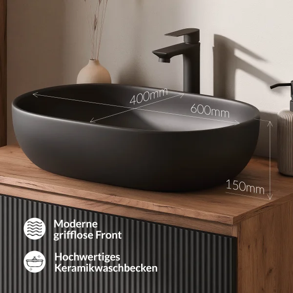 ARISA Double Vanity Unit, 160 cm, in Black Ribbed, with 2 GLORA LED Mirrors and 2 Black Ceramic Countertop Sinks, 60 cm