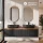 ARISA Double Vanity Unit, 160 cm, in Black Ribbed, with 2 GLORA LED Mirrors and 2 Black Ceramic Countertop Sinks, 60 cm