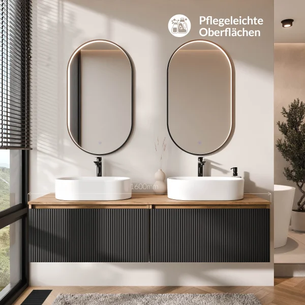 ARISA Double Vanity Unit, 160 cm, in Black Ribbed, with 2 GLORA LED Mirrors and 2 White Ceramic Countertop Sinks, 55 cm