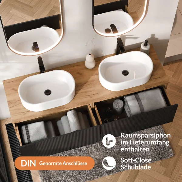 ARISA Double Vanity Unit, 160 cm, in Black Ribbed, with 2 GLORA LED Mirrors and 2 White Ceramic Countertop Sinks, 55 cm