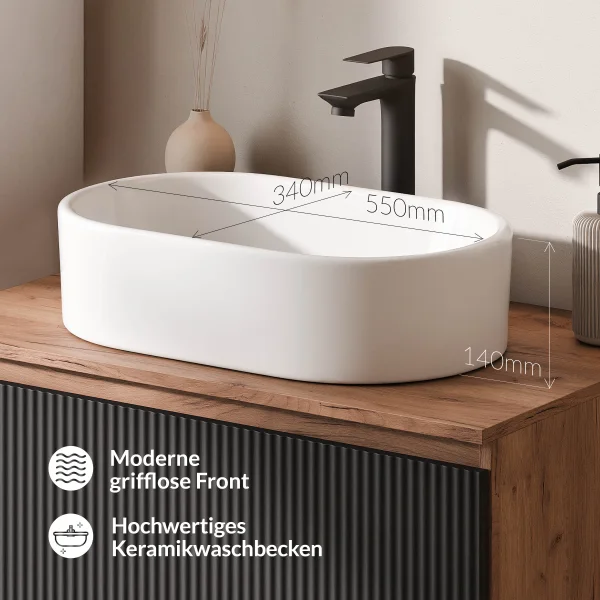 ARISA Double Vanity Unit, 160 cm, in Black Ribbed, with 2 GLORA LED Mirrors and 2 White Ceramic Countertop Sinks, 55 cm